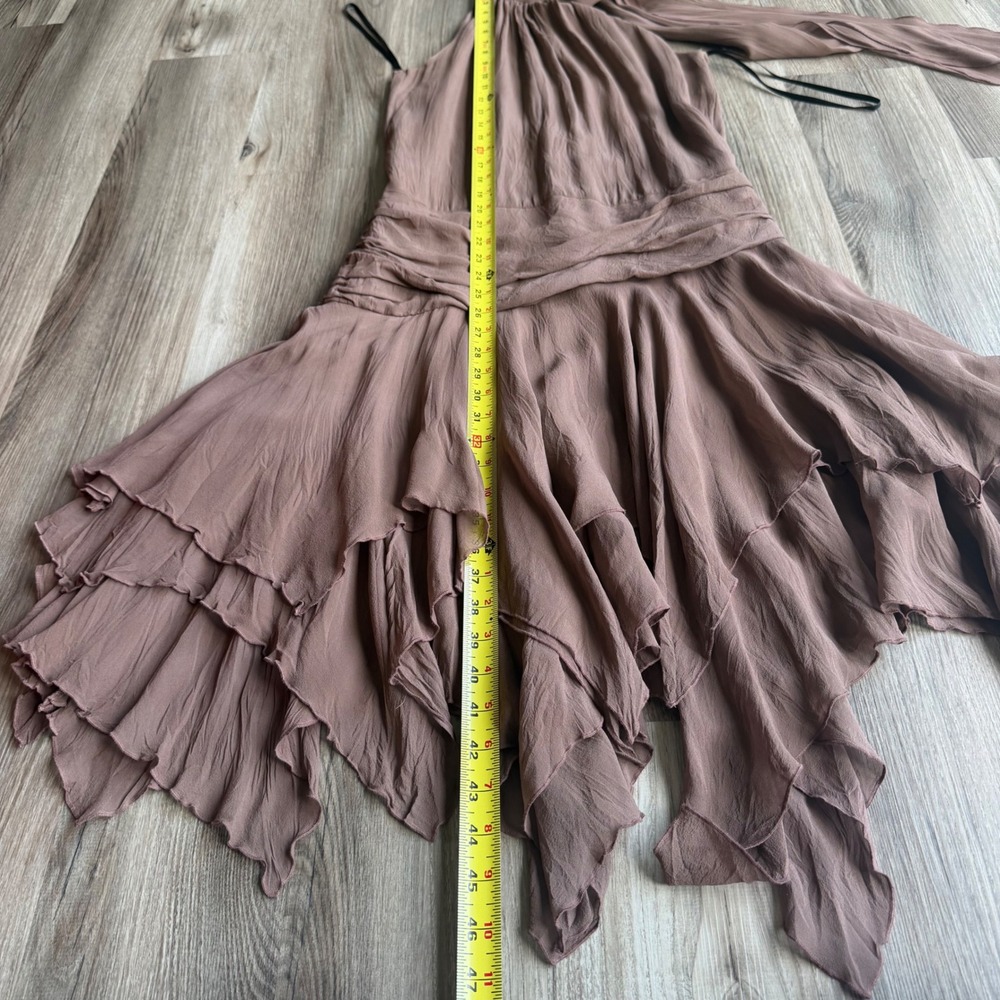 Vintage Y2K Bebe Silk Halter Handkerchief Hem Dress Brown XS Asymmetrical - Picture 12 of 15